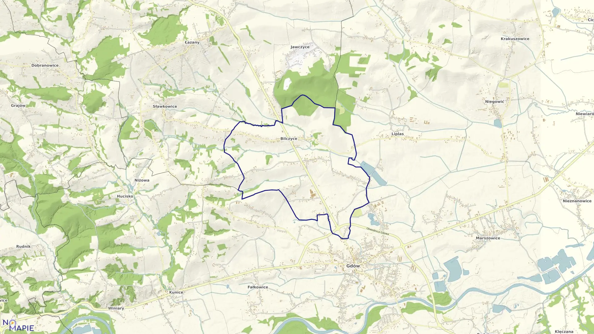 Mapa obrębu Bilczyce w gminie Gdów