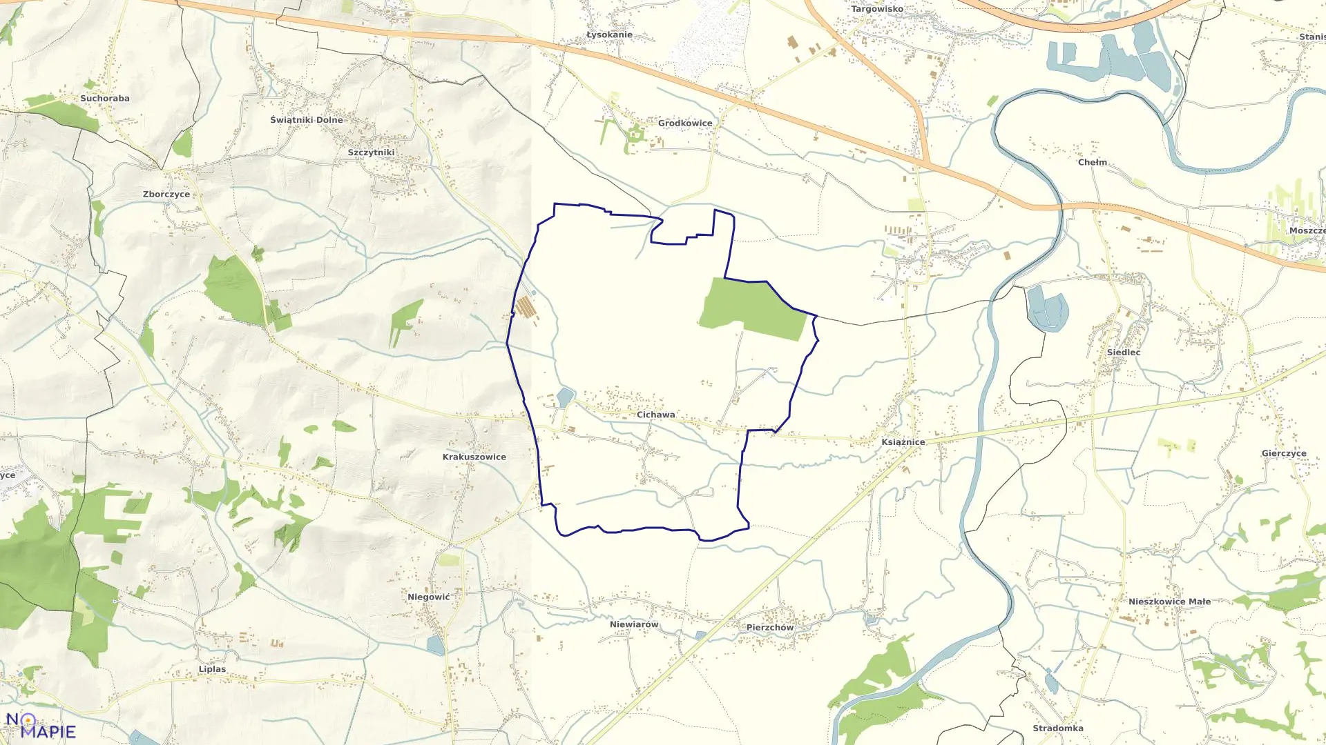 Mapa obrębu Cichawa w gminie Gdów